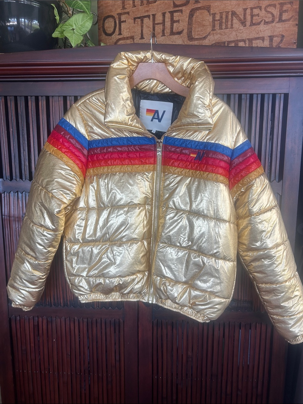 Aviator Nation 6 Stripe Luxe Apres Puffer Jacket Sz M Glossy Golden Like New